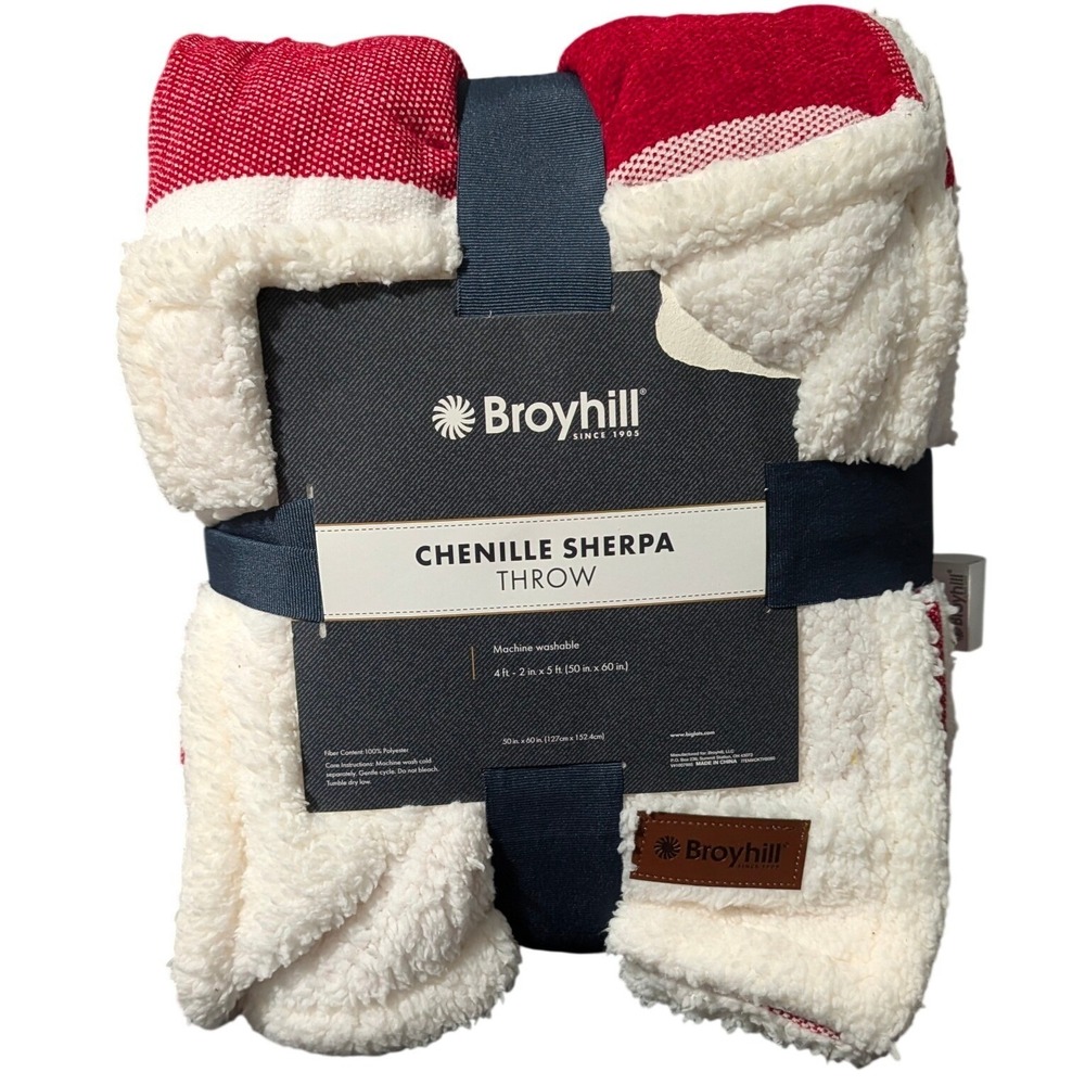 Broyhill Chenille Sherpa Throw Blanket Red White Striped 50x60 Holiday Cozy NEW